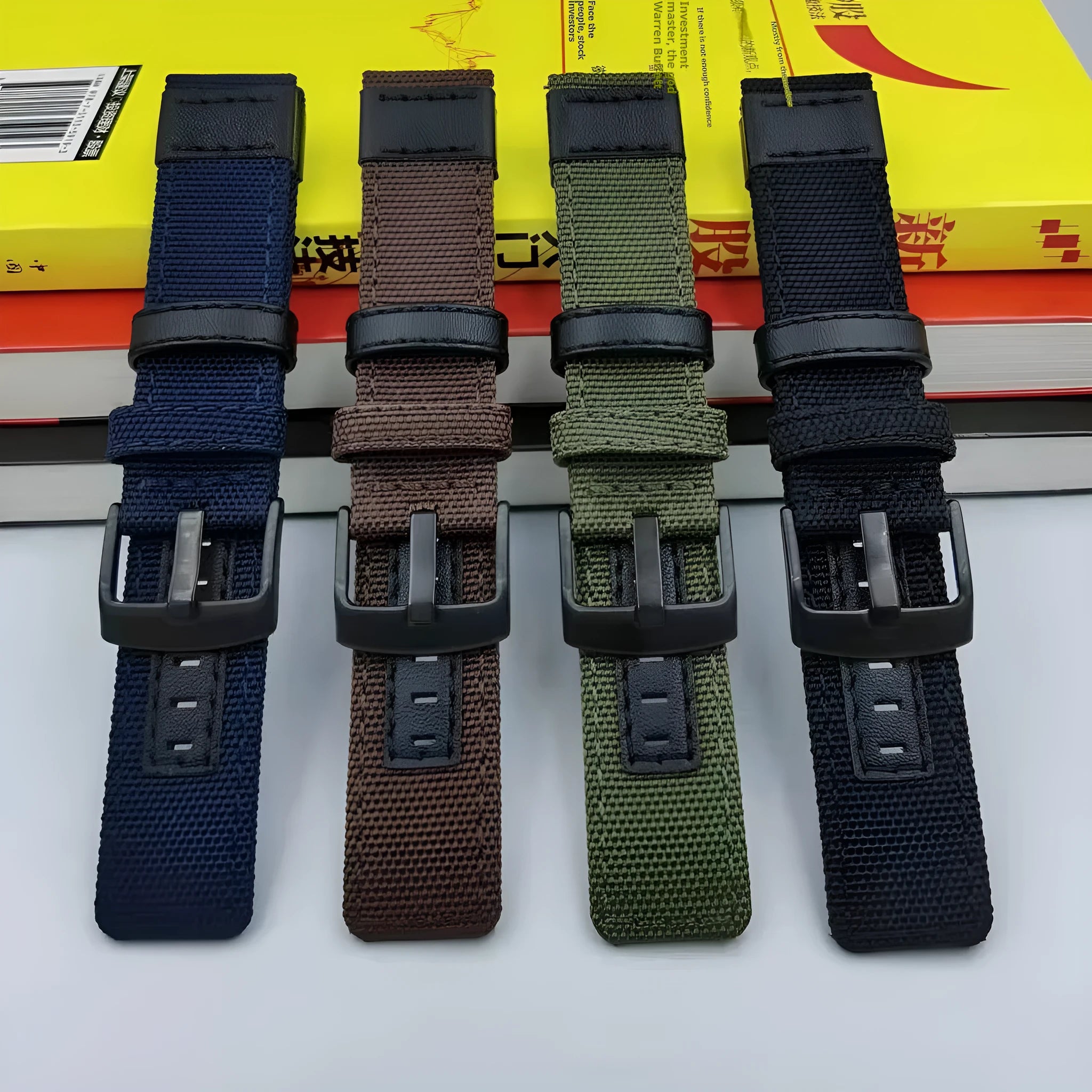 Oxford cloth watch strap in Army Green and Camouflage showing 20mm 22mm 24mm sizes