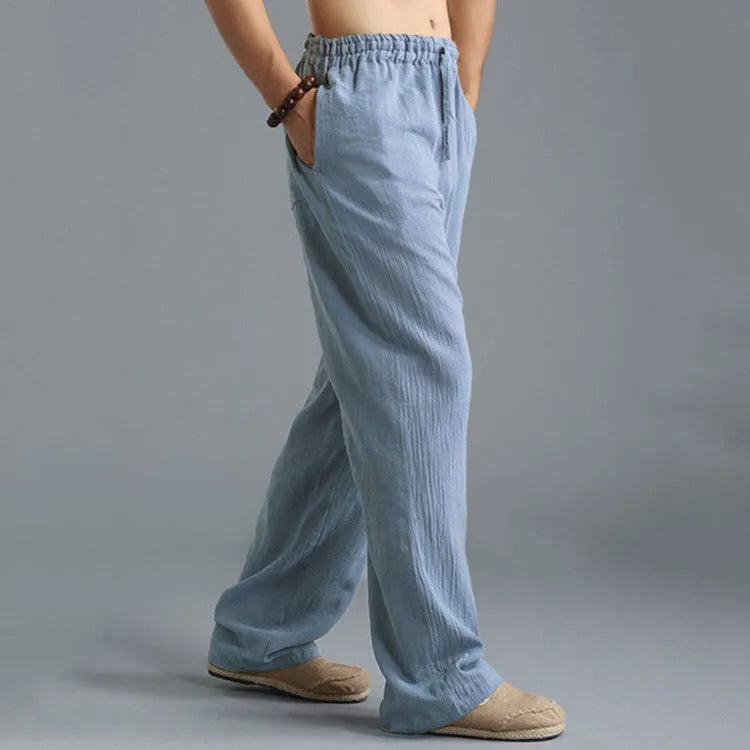 Men's breathable linen loose casual sports pants in khaki with elastic waistband, available in sizes S to 5XL