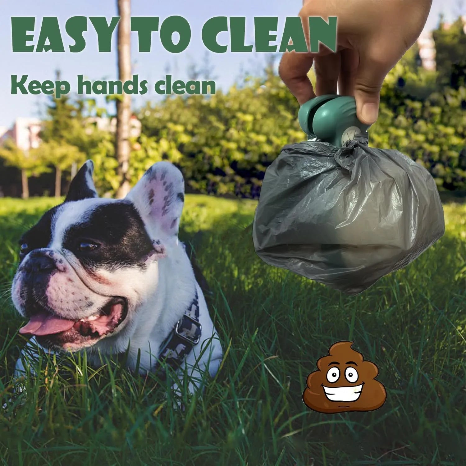 Blue portable dog pooper scooper with carabiner clip and integrated waste bag compartment.