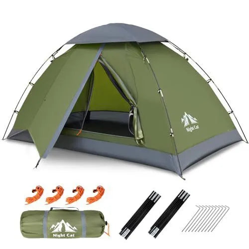 Dark green automatic pop-up camping tent for two people showing small house design
