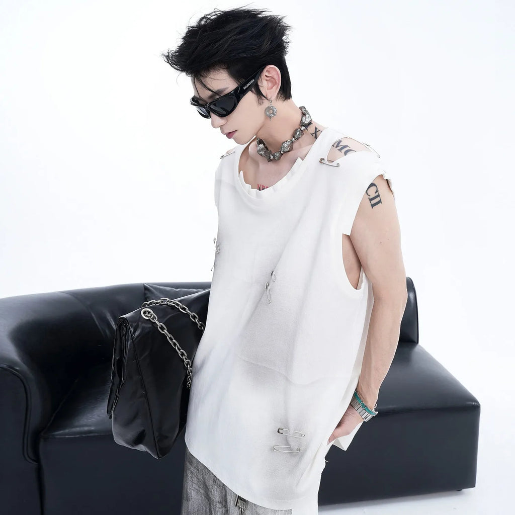 Men's black distressed waistcoat vest with irregular cut edges and sleeveless design