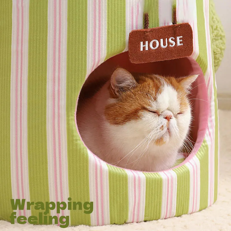 Creative cauliflower tree hole enclosed small dog house and cat house in green plush material