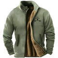 Men's green polyester padded coat showing regular 50cm length on male model