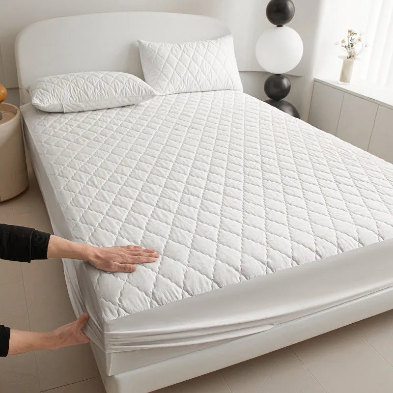 Diamond lattice quilted bamboo fibre waterproof mattress protector set with fitted sheet and pillowcases