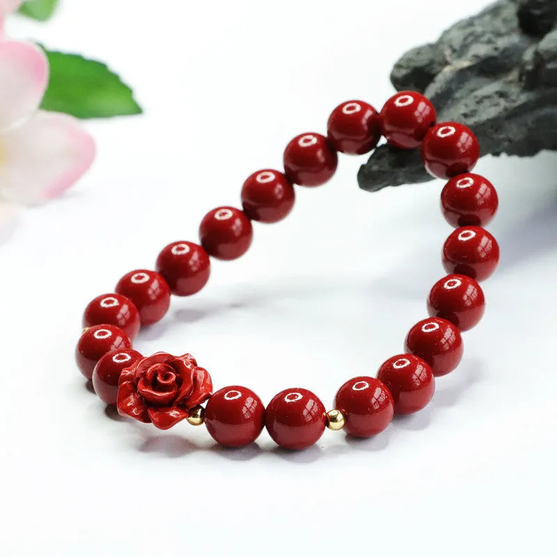 Natural cinnabar bracelet with 8mm rose-shaped beads in purple gold sandstone finish