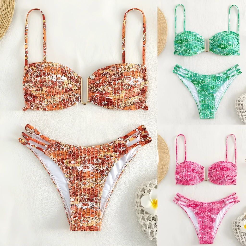 Women's high-waist floral bikini swimsuit in blue, orange, pink, or rose red.
