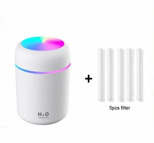 Compact car air purifying humidifier with 300ml water tank, USB powered, in white colour
