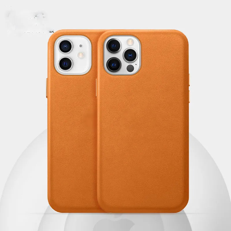 Real cowhide leather phone case for iPhone 12 Pro Max and 13 Pro Max in solid black colour with magnetic vibration feature