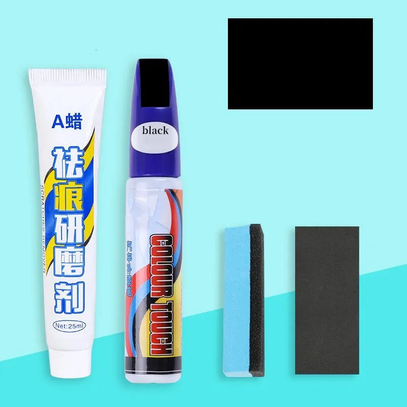 Automotive paint repair pen scratch repair fluid kit with paint pen, wax, sponge, and sandpaper.