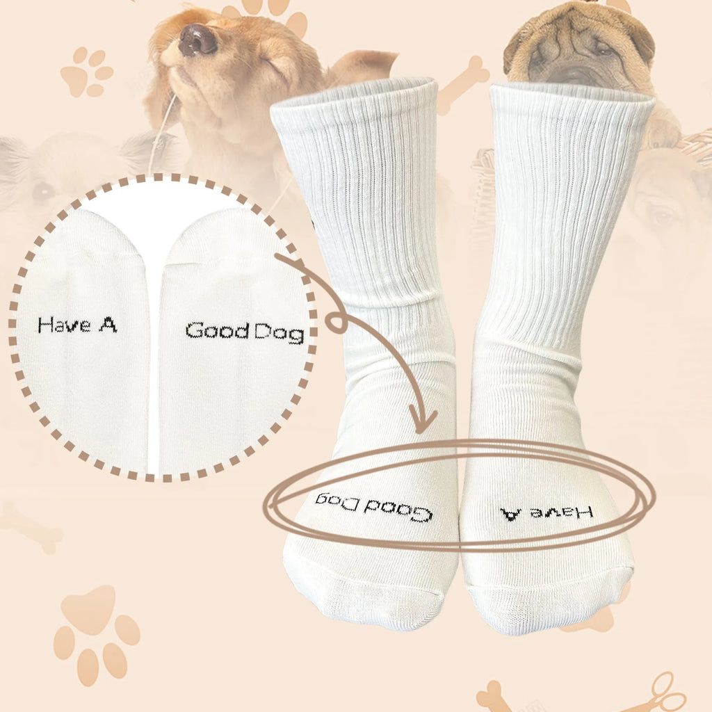 White cotton tube socks with printed white dog breed designs for students and everyday wear