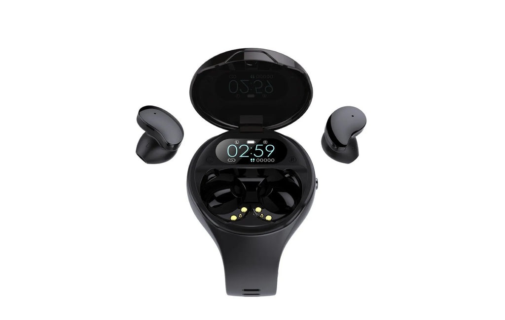 Black smart bracelet with detachable TWS earbuds showing colour screen display