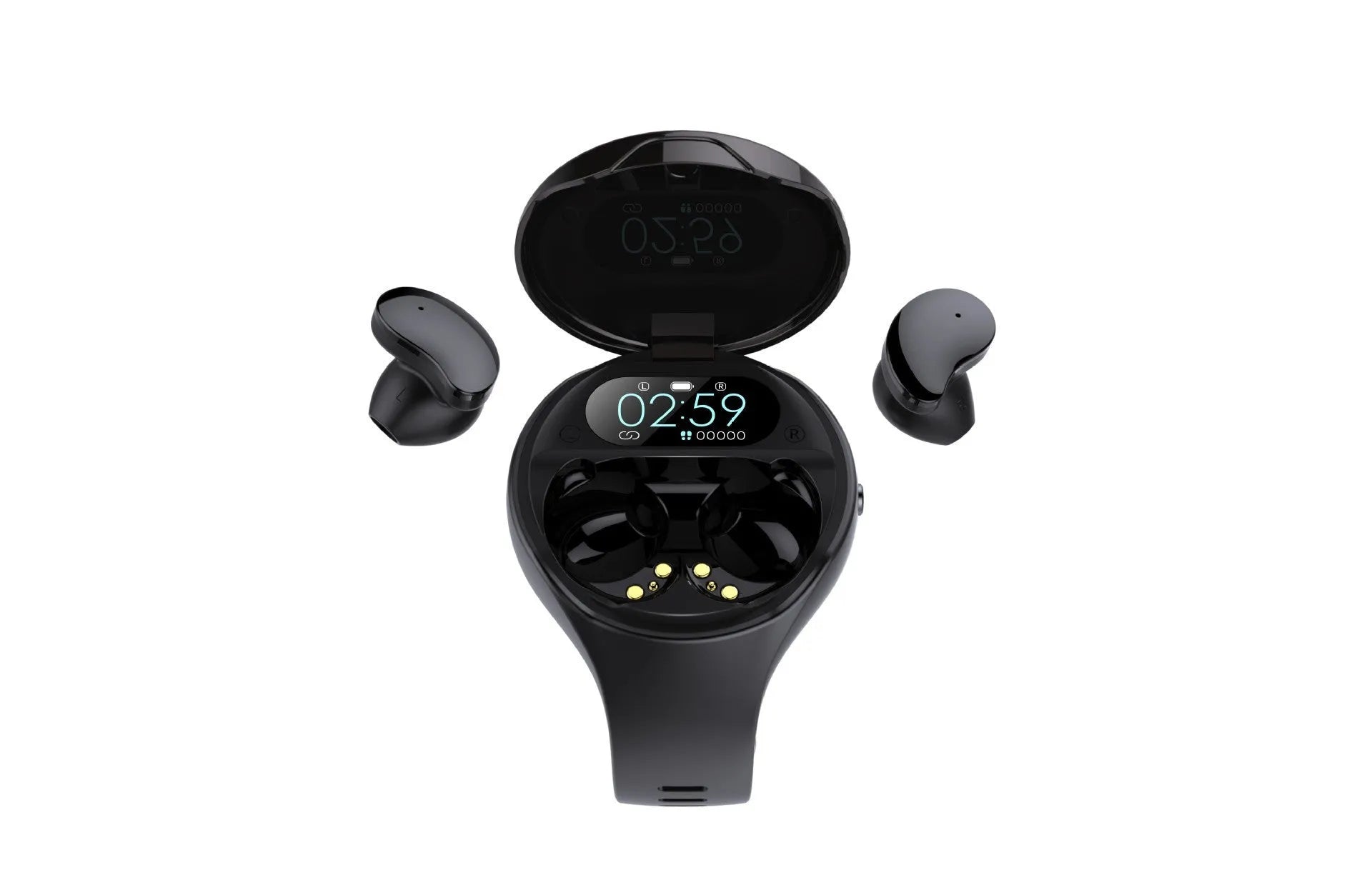 Black smart bracelet with detachable TWS earbuds showing colour screen display