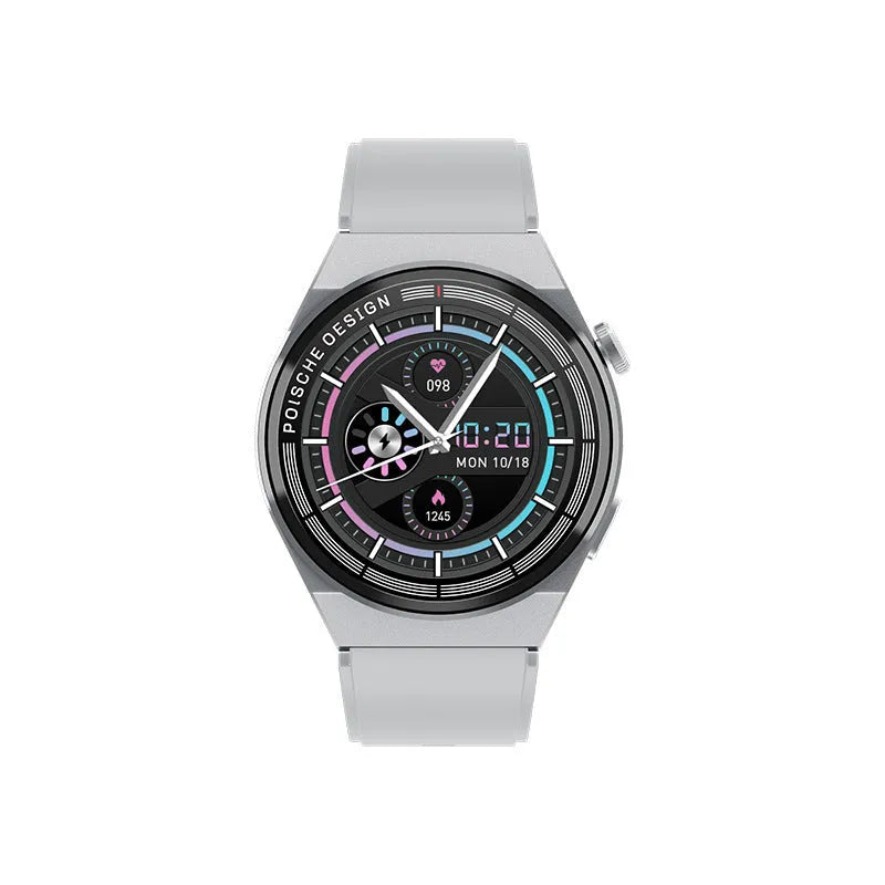 Black Bluetooth smartwatch with NFC payment, blood glucose monitor, and 1.39 inch circular tempered glass screen