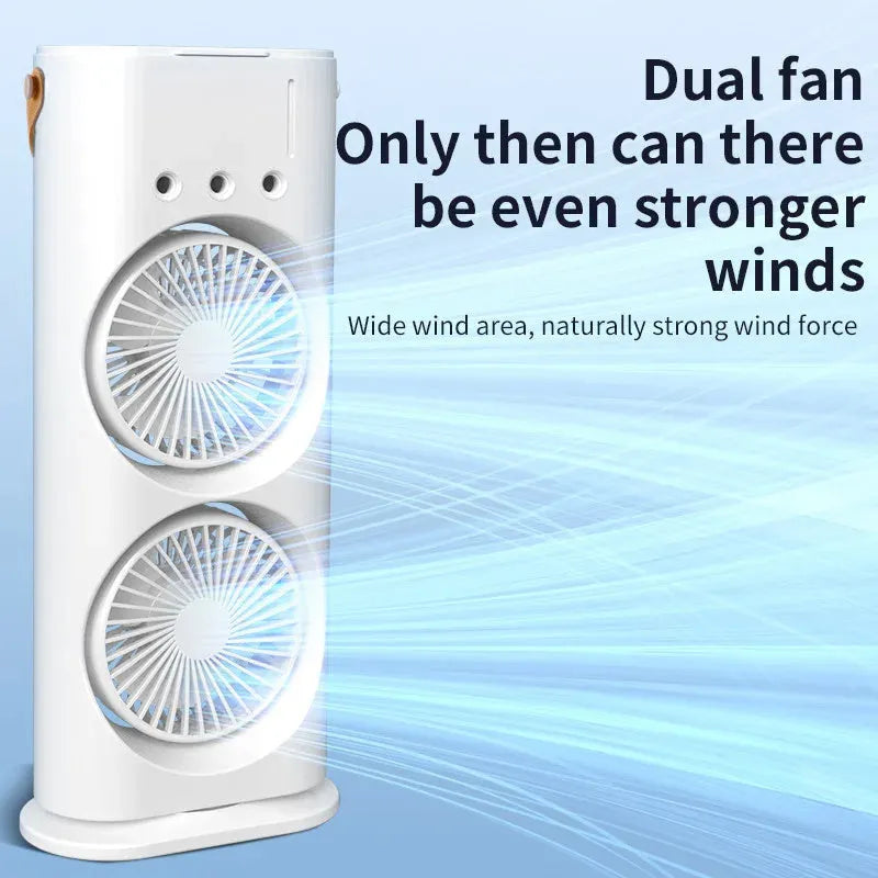 White double-ended spray fan with humidifying mist and remote control on a desk