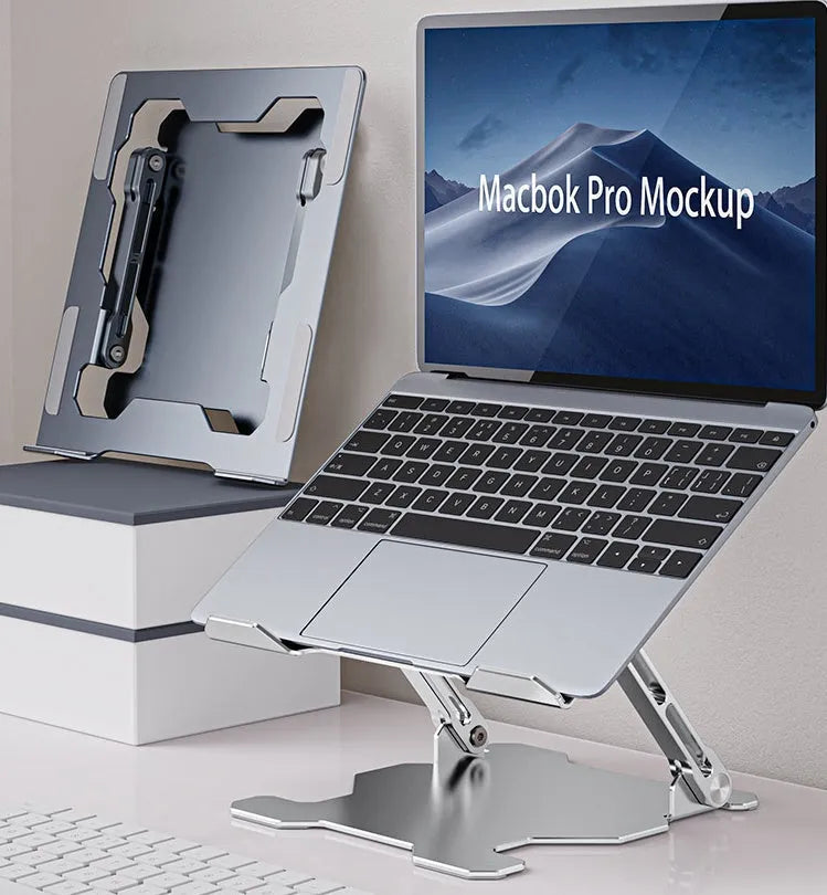Aluminum adjustable and foldable laptop stand in grey on a desk.