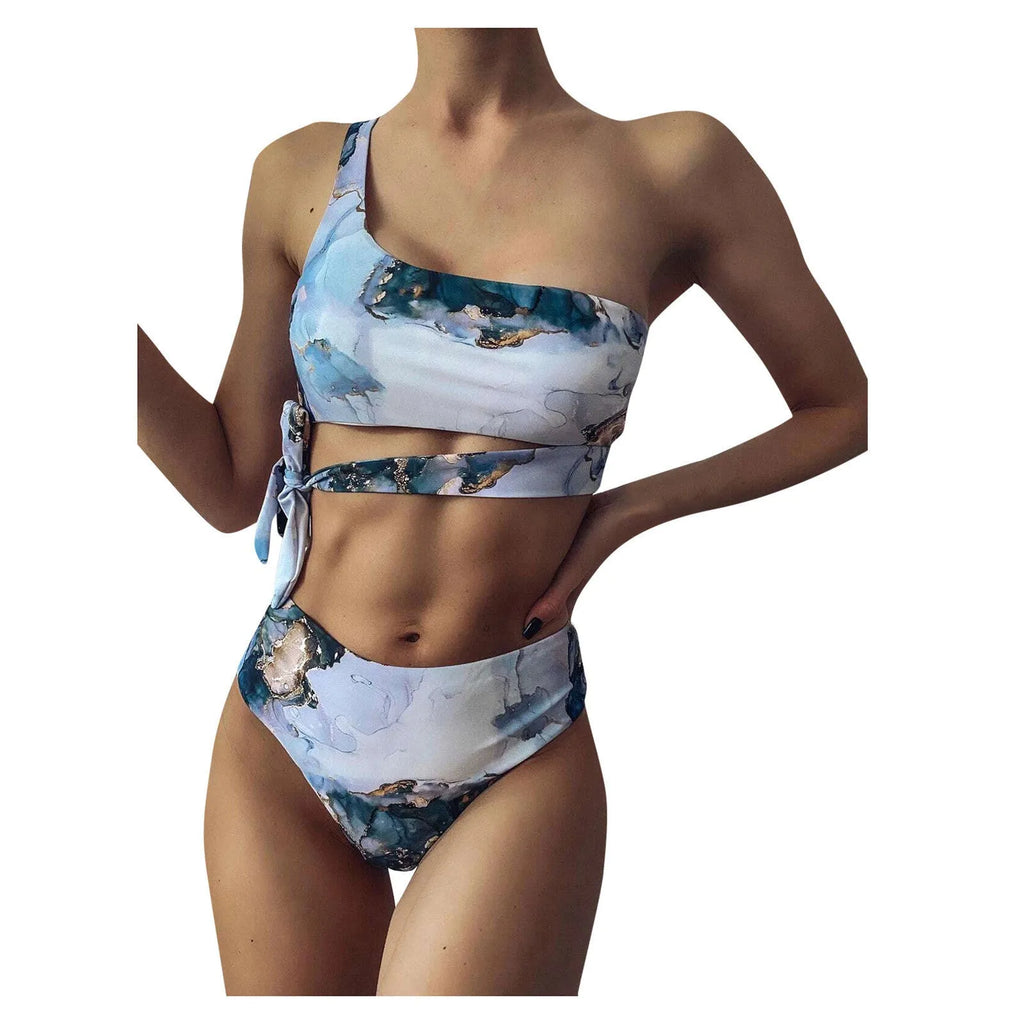 Women's marble tie-dye high-waist separated swimwear bikini with U-neck top