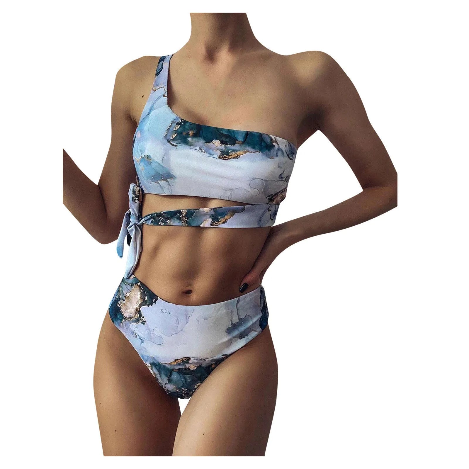 Women's marble tie-dye high-waist separated swimwear bikini with U-neck top