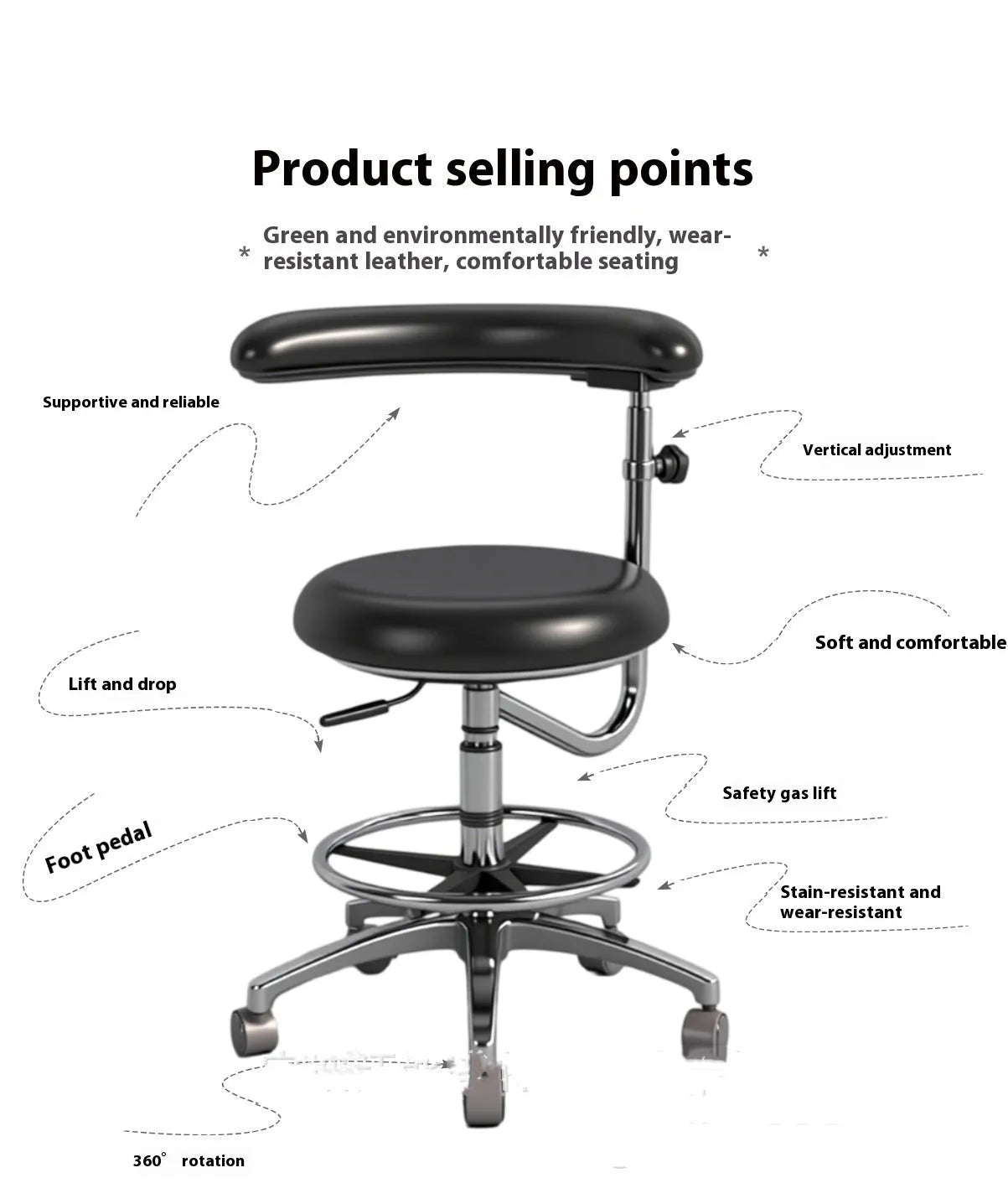 Black leather dental hospital chair with lift mechanism for dentist and nurse seating