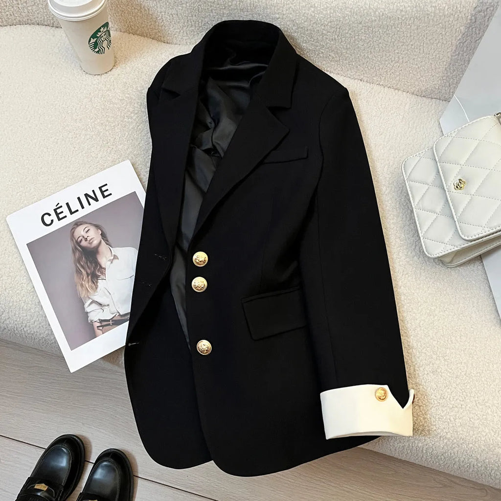 Women's milky white loose-fit mid-length polyester coat with pockets, Korean style.