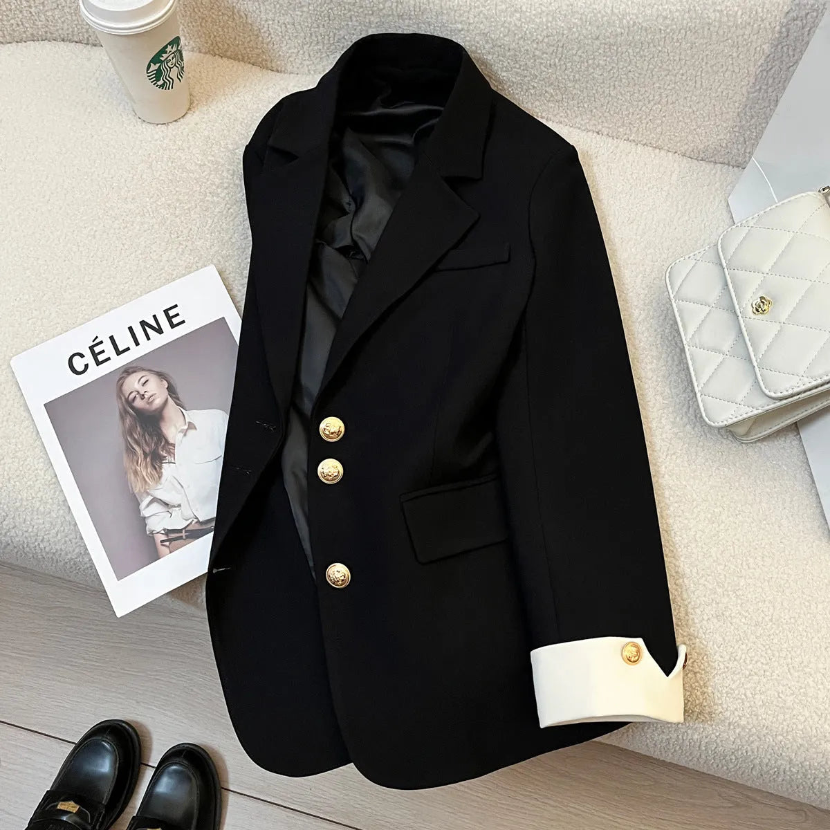 Women's milky white loose-fit mid-length polyester coat with pockets, Korean style.
