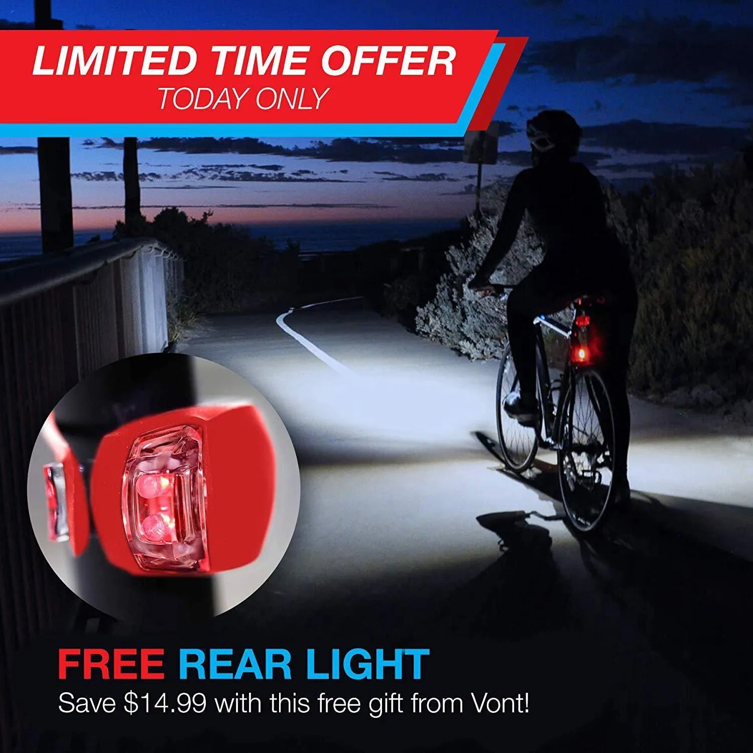 Bicycle front headlight and rear taillight set with a black handlebar mounting bracket on a white background.