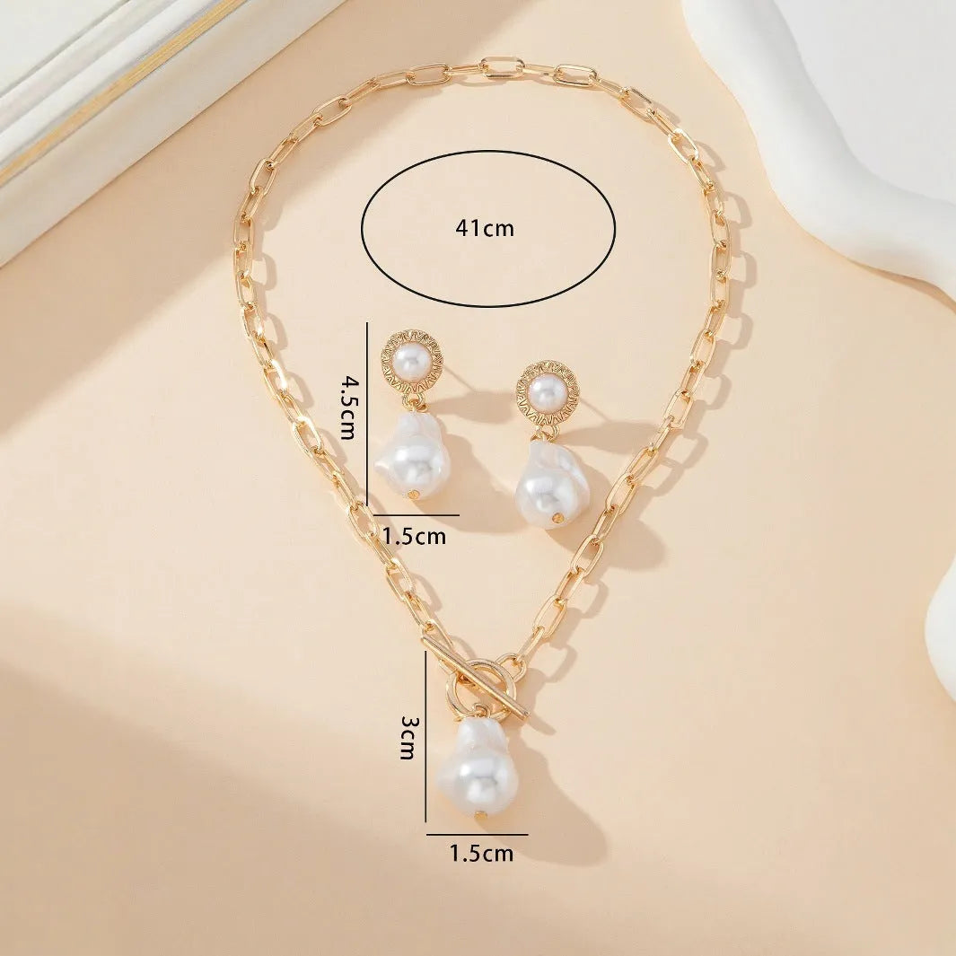 Gold colour retro baroque pearl necklace and matching ear stud jewellery set for women