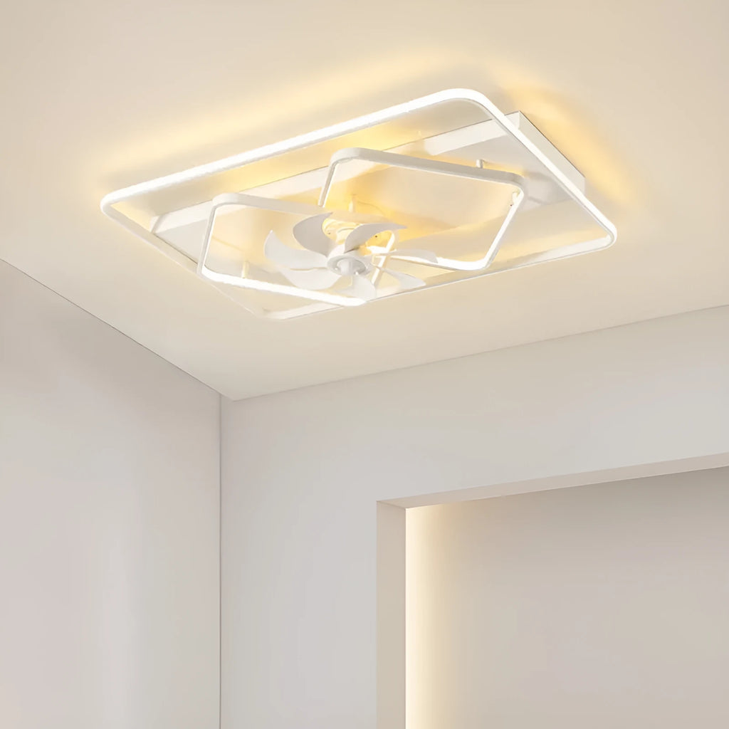 Modern ceiling fan with integrated light fixture, showing plastic blades and acrylic lampshade