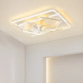 Modern ceiling fan with integrated light fixture, showing plastic blades and acrylic lampshade