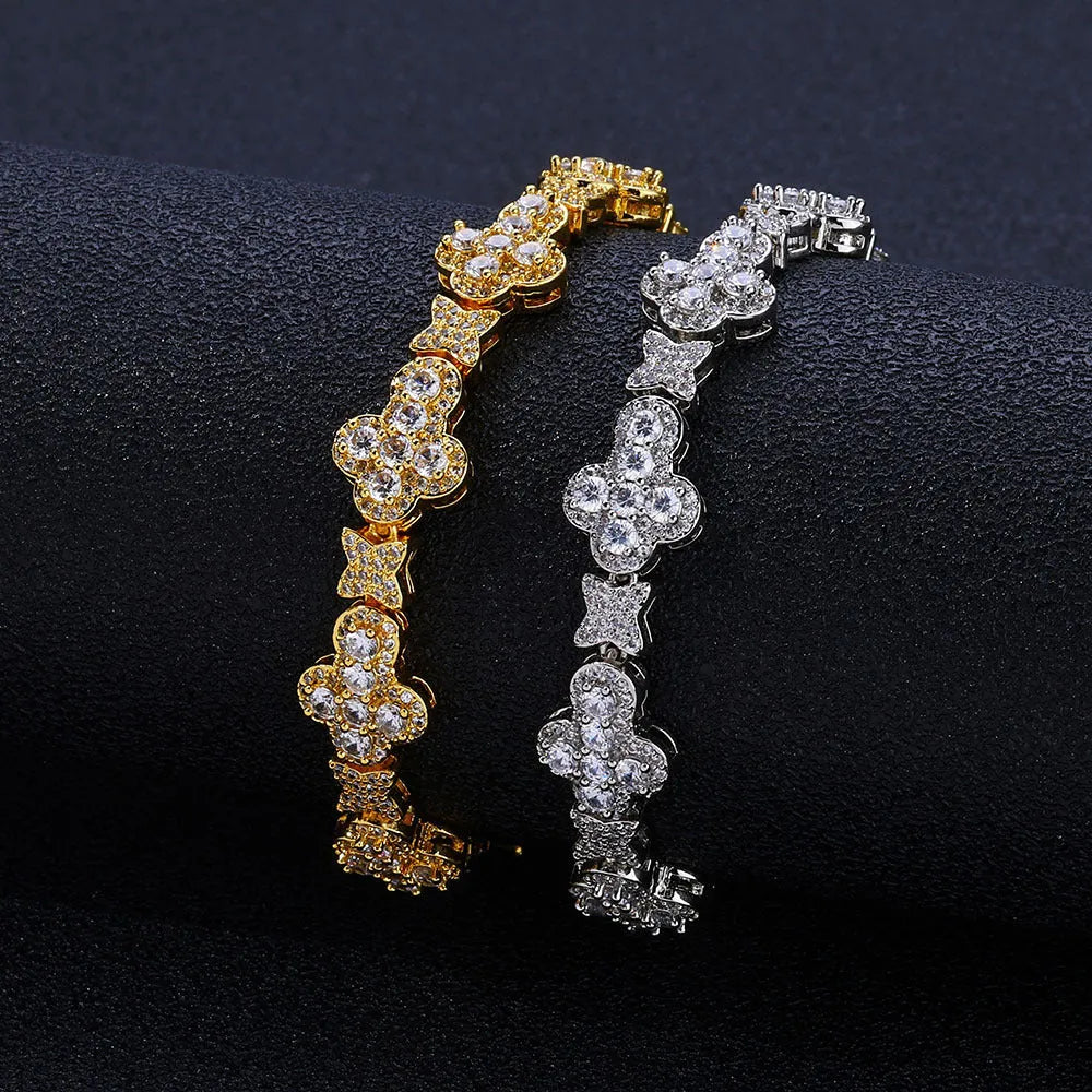 10mm cross XINGX hip hop copper bracelet with inlaid zircon, gold finish, on display