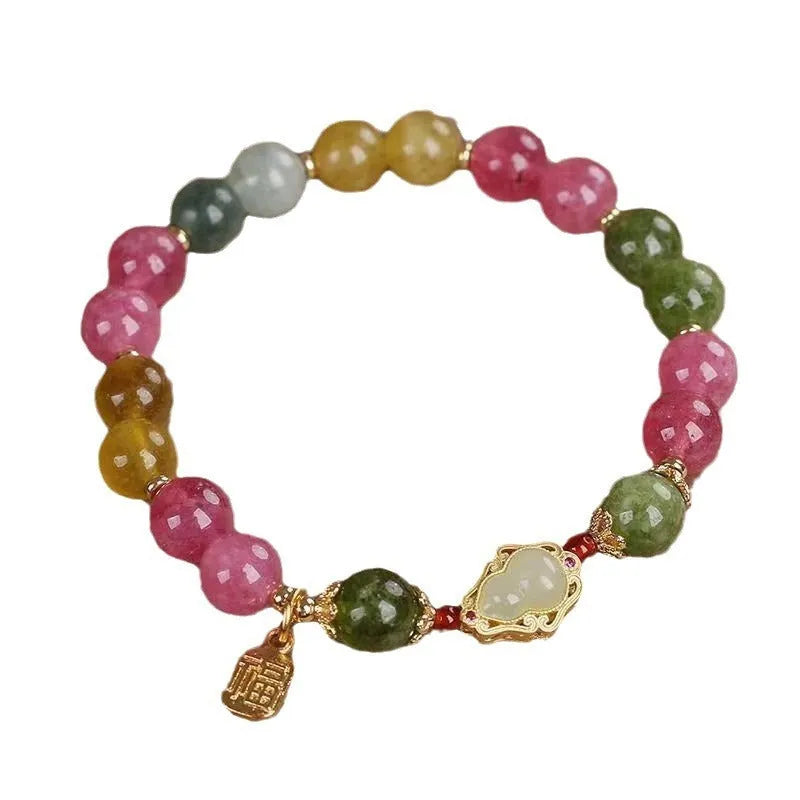 Women's mixed material bracelet with colourful tourmaline gourd blessing card and electroplated finish, flower shape
