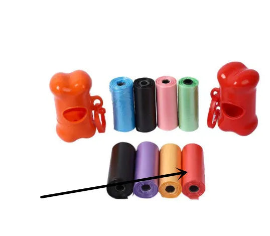Roll of biodegradable dog poop bags in various colours showing 22.5x30cm size