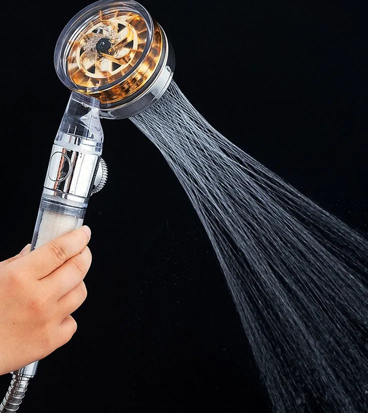 Pressurized turbo shower head with stainless steel panel and one-key stop button for water saving
