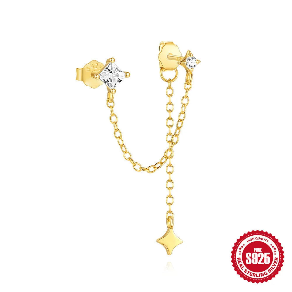 Gold-plated geometric stud earrings with zircon stones on 925 silver posts.
