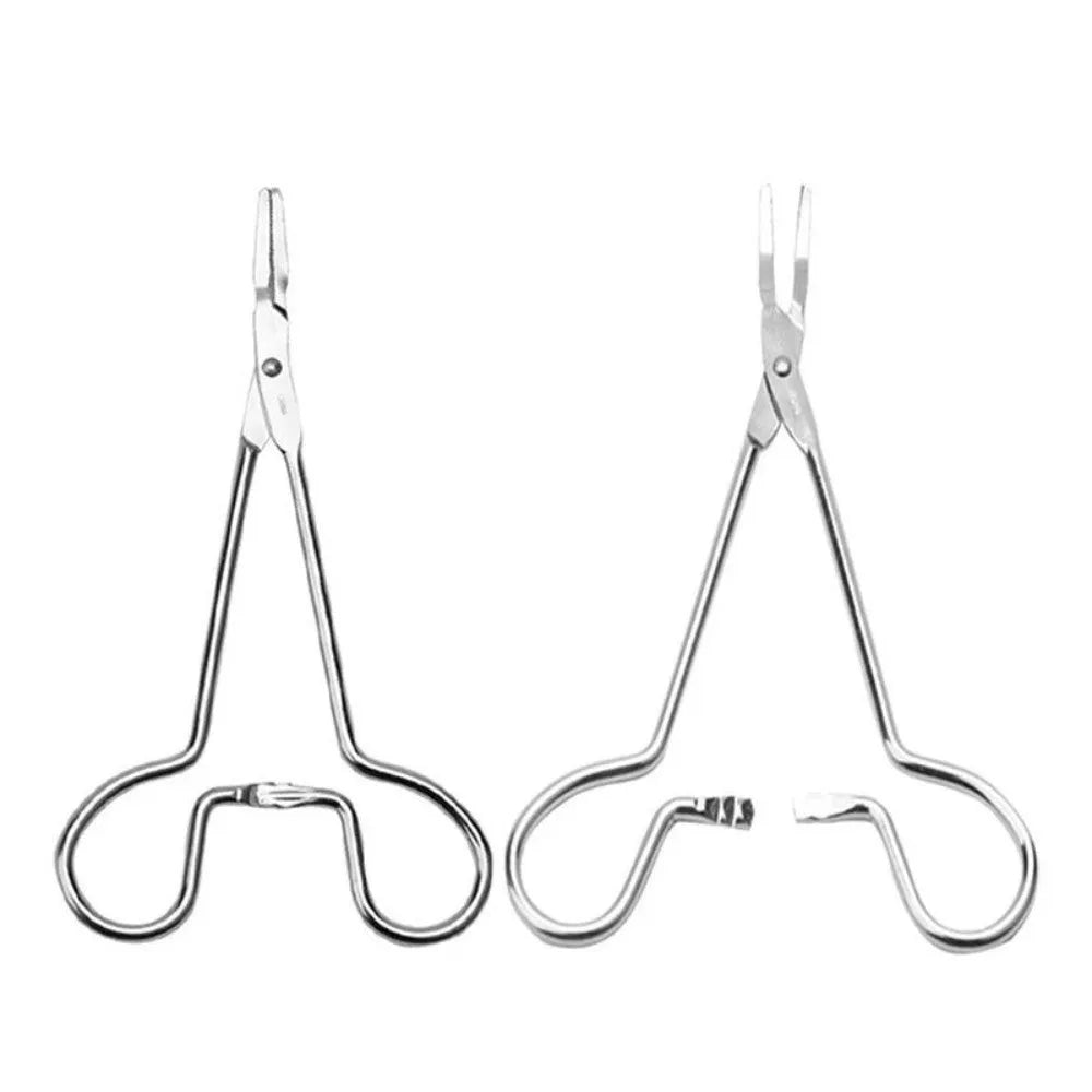 Silver stainless steel pet ear tweezers with curved tip and anti-slip handle, 12.5cm length