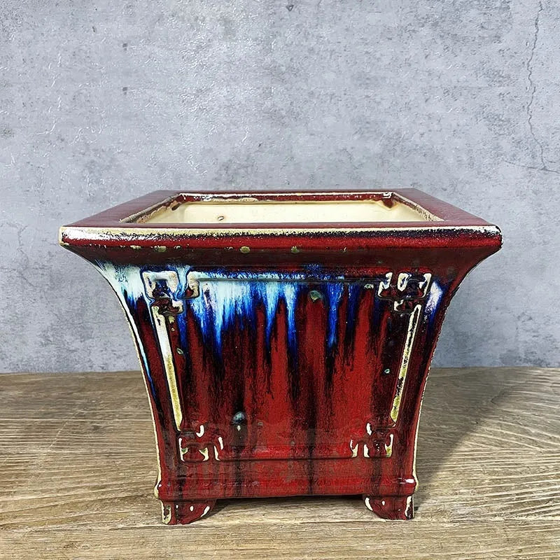 Ceramic flower pot 27cm with glaze change and ice crack finish, square shape for orchids