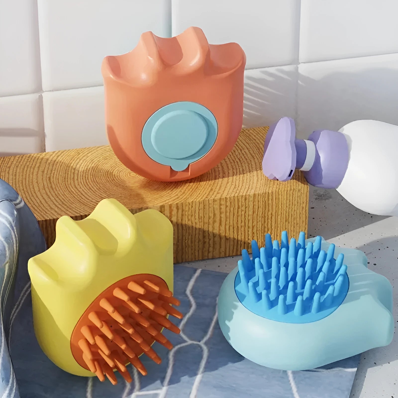 Blue pet bath brush with shampoo dispenser box for dog and cat grooming