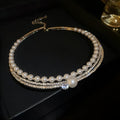 Geometric silver curved collar necklace with open pendant on model