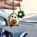 Handmade wool crocheted car pendant in avocado, pink rainbow, and red rainbow colour options