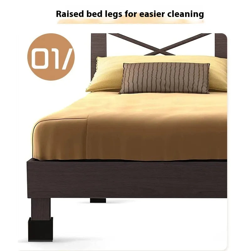 Four black thickened plastic bed foot mats arranged for height increasing furniture support