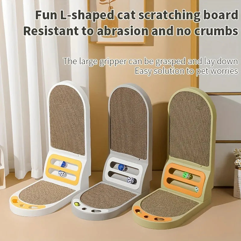 L-shape thickened cardboard cat scratching board in gray, 53x35x4 cm, with vertical and horizontal scratching surfaces