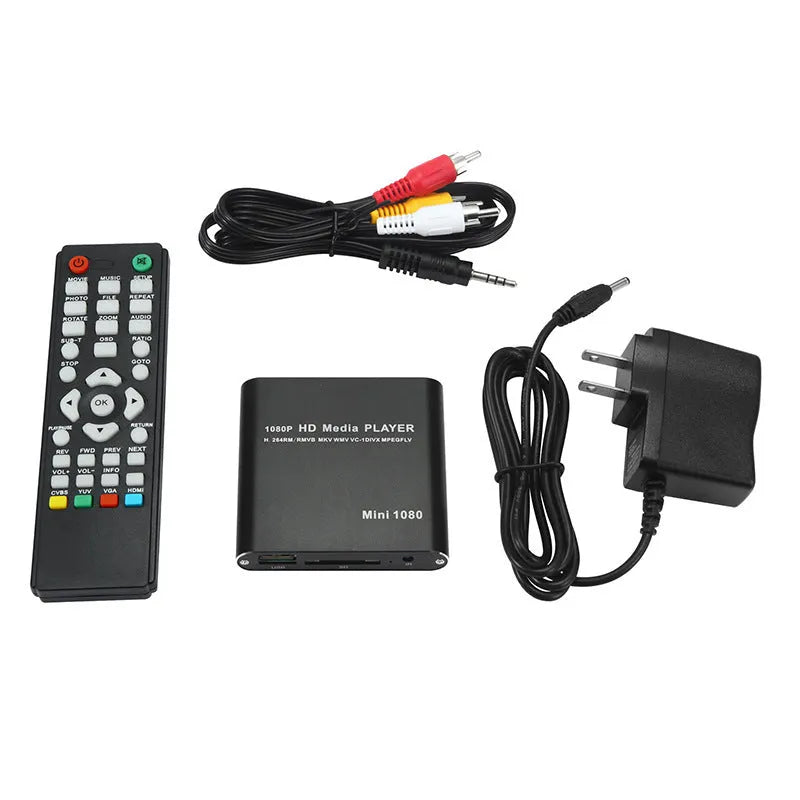 Compact blue or black all-metal 1080p Full HD media player with remote control