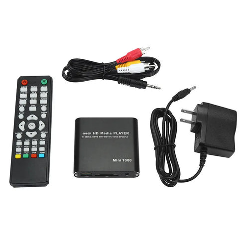 Compact blue or black all-metal 1080p Full HD media player with remote control