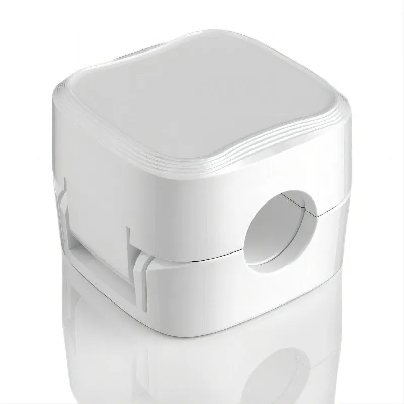 White and black cable clips holding under desk wires including USB and HDMI cables