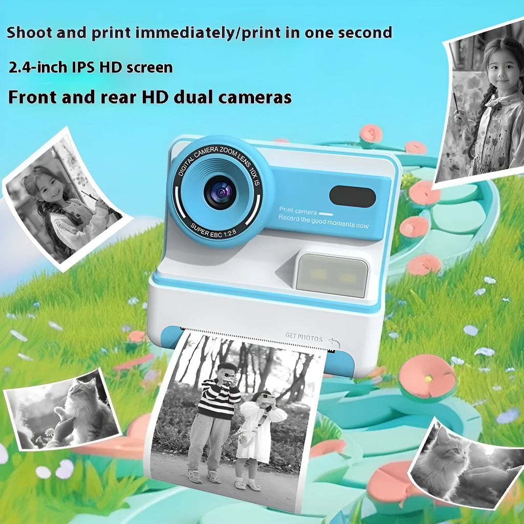 Children's dual lens printing camera in blue with ABS body, 94x56.8x89.2mm, showing front camera and lanyard