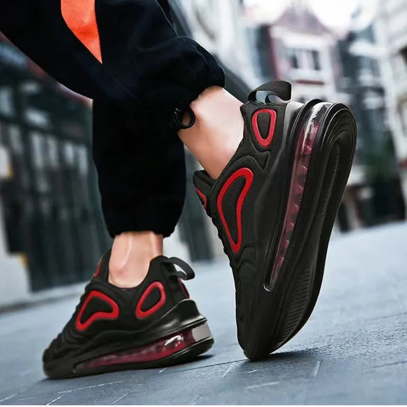 Men's black casual sneakers with a thick sole and lace-up design for running and sports.