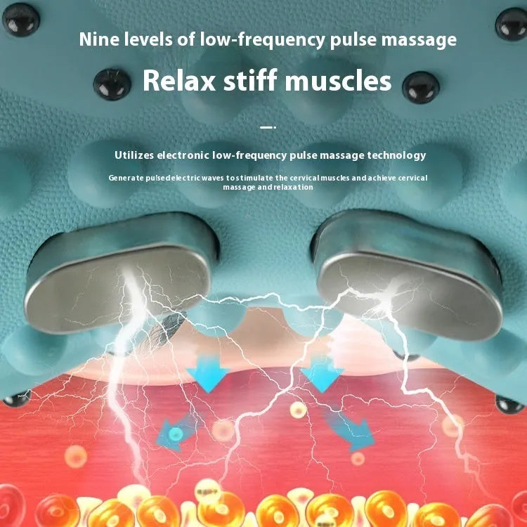 Blue-green cervical spine massage pillow with EMS pulse massage, hot compress and vibration functions