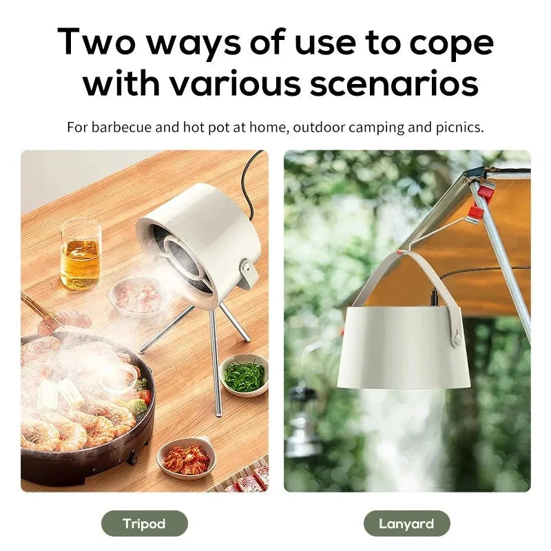 Milky white portable desktop exhaust fan with tripod stand and USB cable