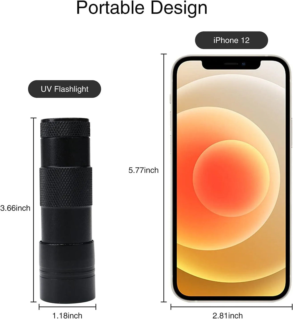 Black aluminium UV flashlight for detecting pet urine stains and insects