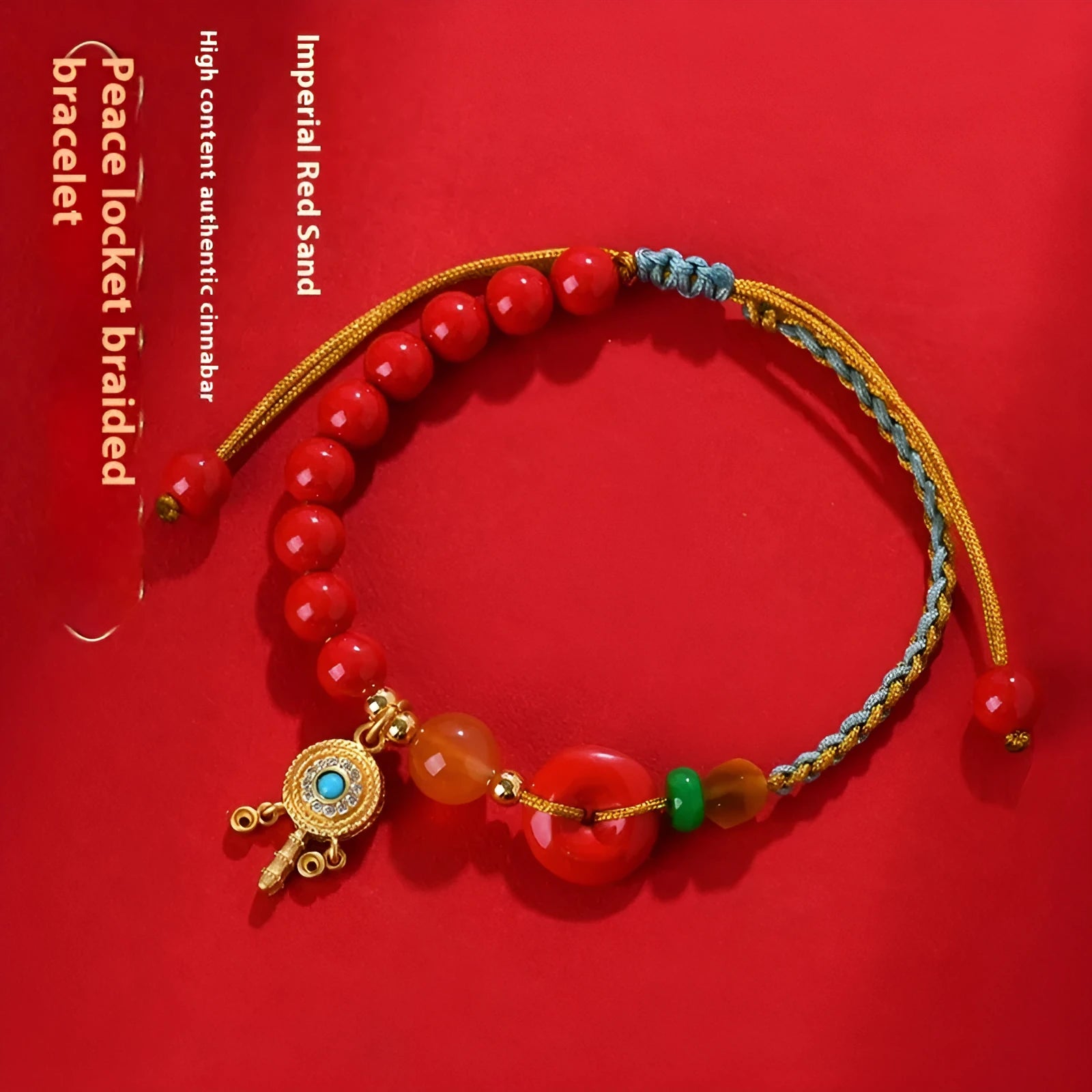 Cinnabar peace blessing buckle bracelet hand-woven geometric design emperor red sand women's