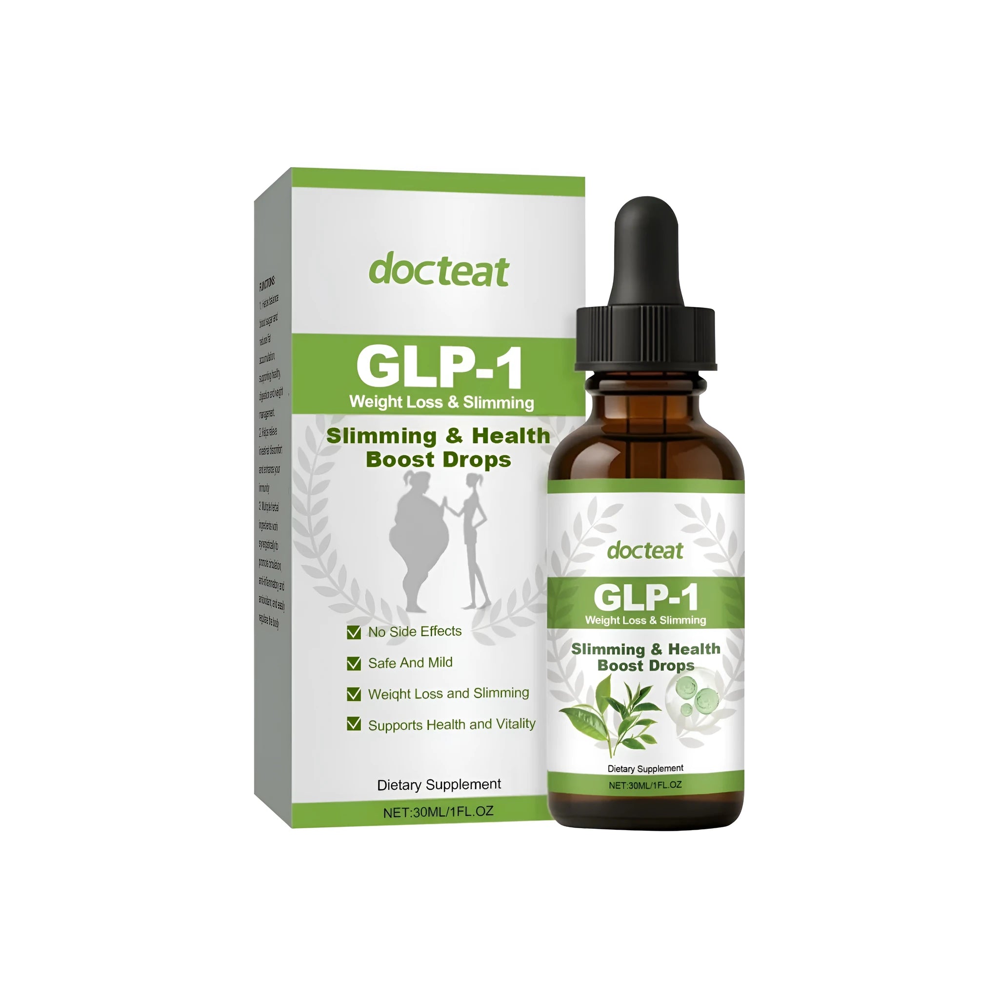 30ml bottle of droplets for intestinal health support with moringa and green tea extracts